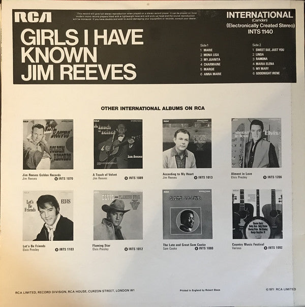 Jim Reeves : Girls I Have Known (LP, Album, RE)