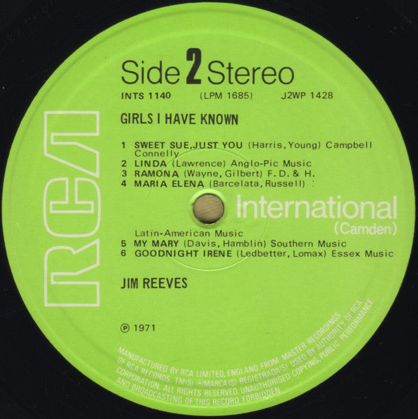 Jim Reeves : Girls I Have Known (LP, Album, RE)