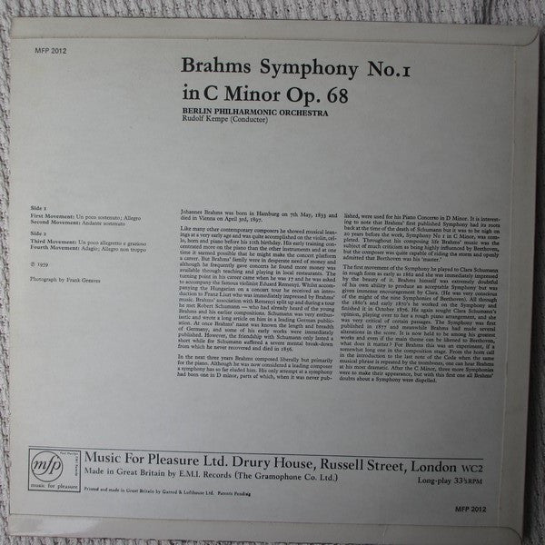 Berliner Philharmoniker Conducted By Rudolf Kempe, Johannes Brahms : Brahms: Symphony No. 1 In C Minor (LP)
