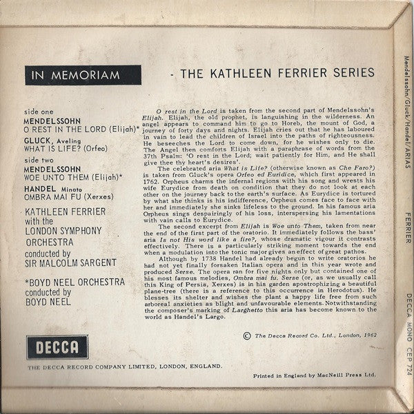 Kathleen Ferrier / Felix Mendelssohn-Bartholdy, Christoph Willibald Gluck, Georg Friedrich Händel, Boyd Neel Conducted By Boyd Neel & London Symphony Orchestra Conducted By Sir Malcolm Sargent : The Kathleen Ferrier Series: In Memoriam 6 (7", EP, Mono)