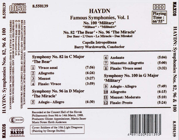 Joseph Haydn, Capella Istropolitana, Barry Wordsworth : Famous Symphonies, Vol 1 (No.100 'Military' / No.82 'The Bear' / No.96 'The Miracle') (CD, Album)