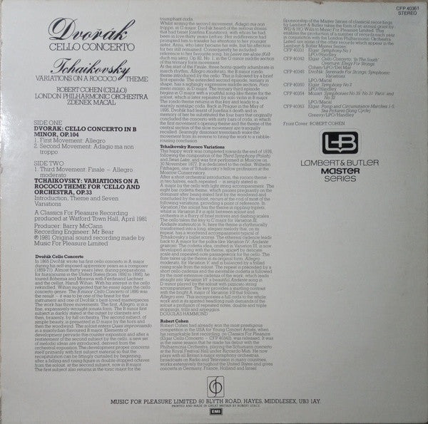 Antonín Dvořák, Pyotr Ilyich Tchaikovsky, Robert Cohen, London Philharmonic Orchestra, Zdeněk Mácal : Cello Concerto / Variations On A Rococo Theme (LP)