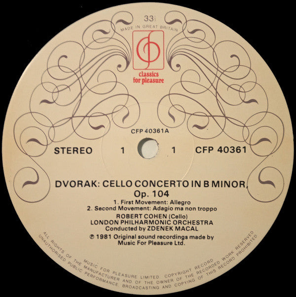 Antonín Dvořák, Pyotr Ilyich Tchaikovsky, Robert Cohen, London Philharmonic Orchestra, Zdeněk Mácal : Cello Concerto / Variations On A Rococo Theme (LP)