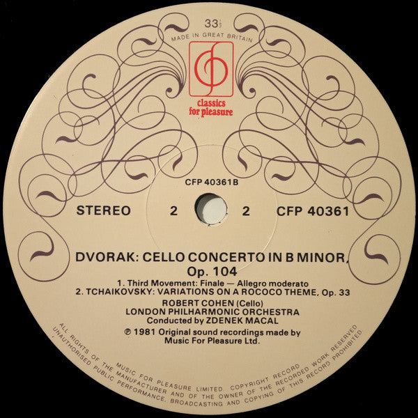 Antonín Dvořák, Pyotr Ilyich Tchaikovsky, Robert Cohen, London Philharmonic Orchestra, Zdeněk Mácal : Cello Concerto / Variations On A Rococo Theme (LP)