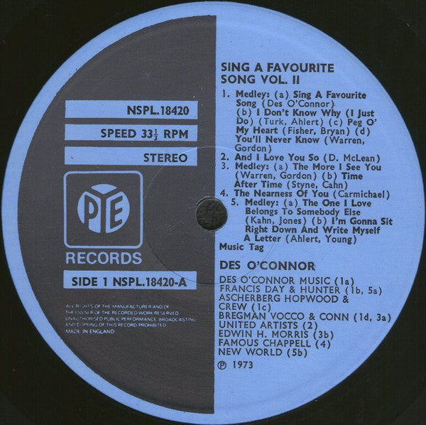 Des O'Connor : Des O'Connor Sing A Favourite Song Vol. 2 (LP, Comp)