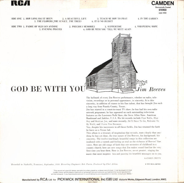 Jim Reeves : God Be With You (LP, Album, RE, RM, Lar)