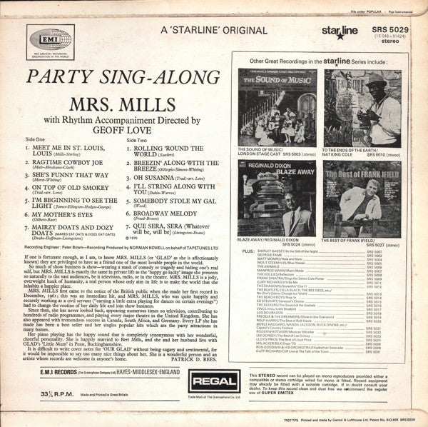 Mrs. Mills Rhythm Accompaniment Directed By Geoff Love : Party Sing Along (LP)