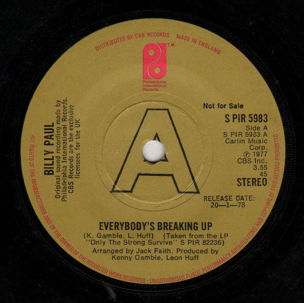 Billy Paul : Everybody's Breaking Up (7", Single, Promo)