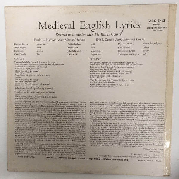 Various : Medieval English Lyrics (LP)