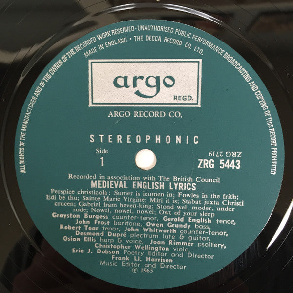 Various : Medieval English Lyrics (LP)