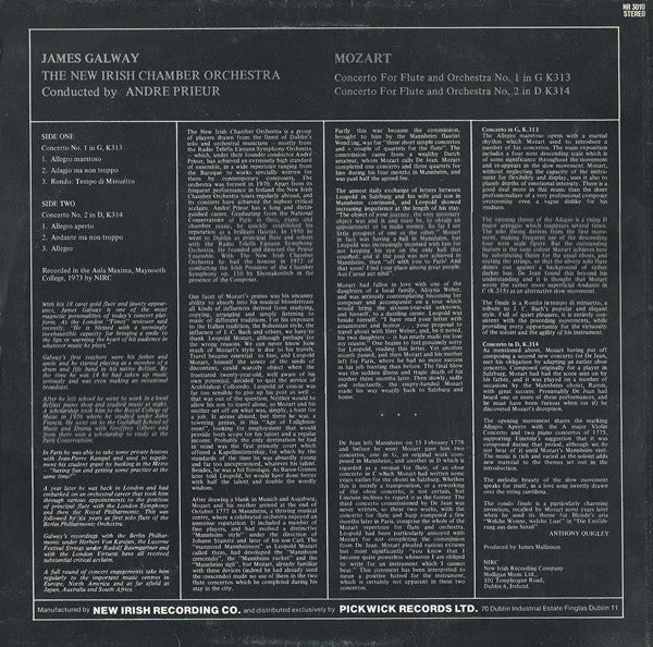 James Galway, Wolfgang Amadeus Mozart, The New Irish Chamber Orchestra Conducted By André Prieur : Concerto For Flute & Orchestra No.1 / Concerto For Flute & Orchestra No.2 (LP)