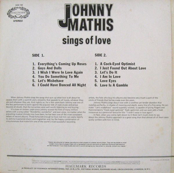 Johnny Mathis : Johnny Mathis Sings Of Love (LP, RE)