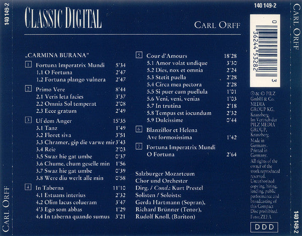 Carl Orff, Der Mozarteumchor Salzburg Und Das Mozarteum Orchester Salzburg, Kurt Prestel : Carmina Burana (CD, Album, RE)