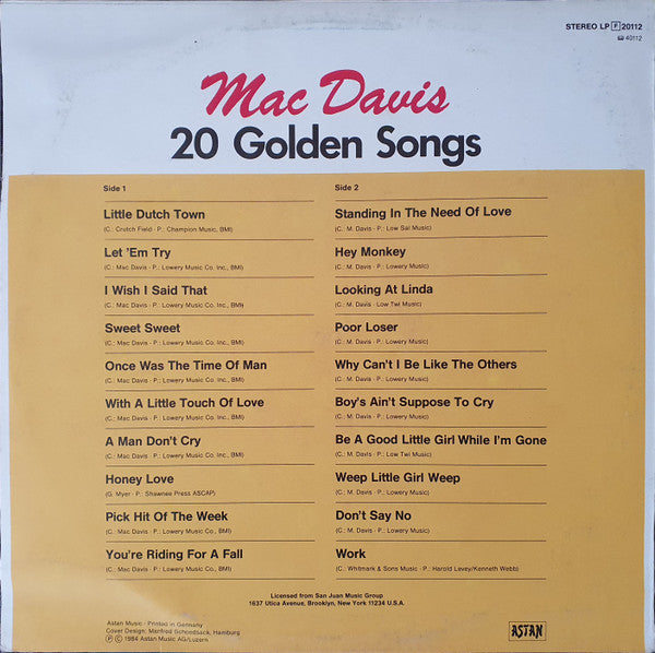 Mac Davis : 20 Golden Songs (LP, Comp)