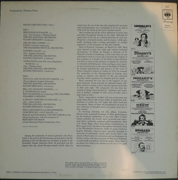 Bach*, E. Power Biggs, Pablo Casals, Walter Carlos, Eugene Ormandy : Bach's Greatest Hits Vol. 1 (LP, Comp)