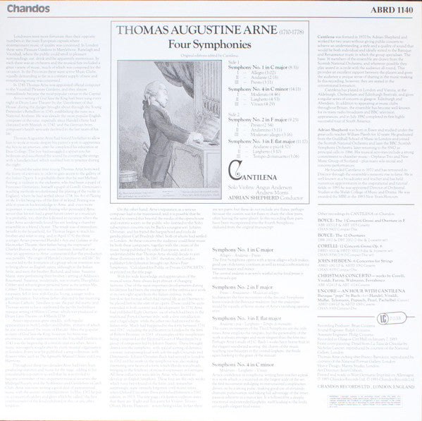Thomas Arne - Cantilena, Adrian Shepherd : Four Symphonies (LP)