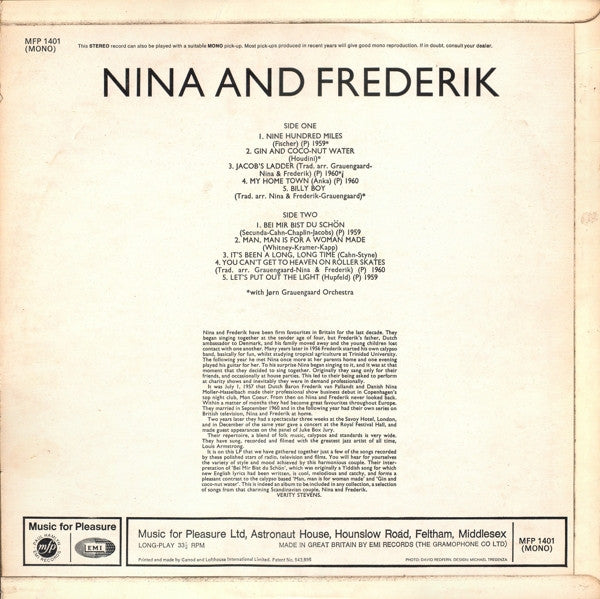 Nina & Frederik : Nina And Frederik (LP, Comp, Mono)