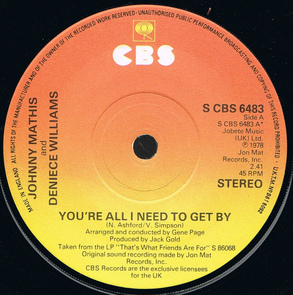 Johnny Mathis And Deniece Williams : You're All I Need To Get By (7")