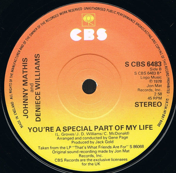 Johnny Mathis And Deniece Williams : You're All I Need To Get By (7")