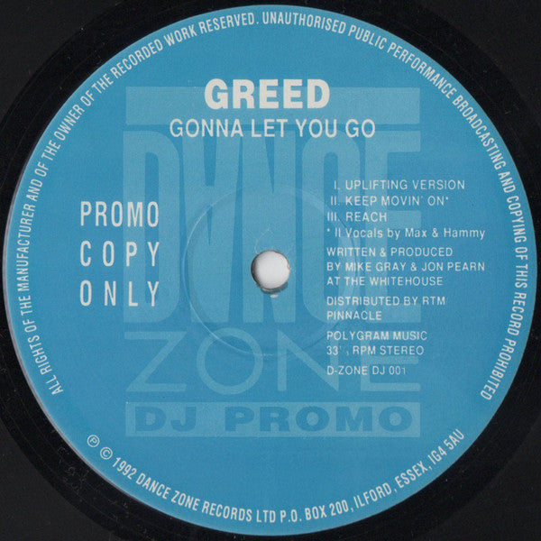 Greed : Gonna Let You Go (12", S/Sided, Etch, Promo)