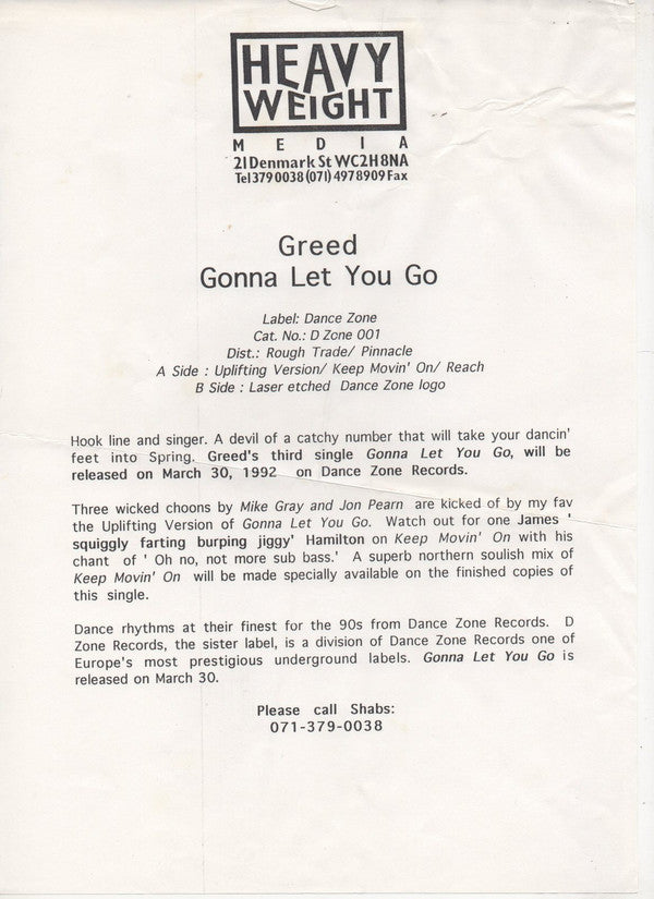 Greed : Gonna Let You Go (12", S/Sided, Etch, Promo)