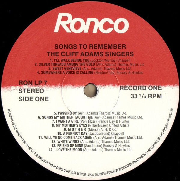 The Cliff Adams Singers : Songs To Remember (50 Old Time Favourites) (2xLP, Album)