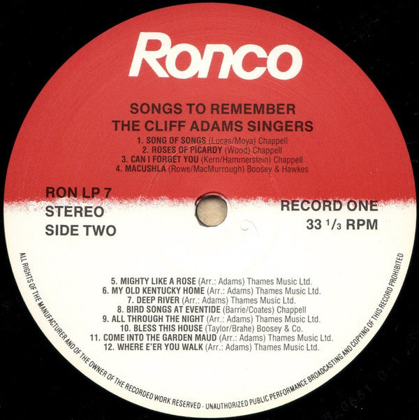 The Cliff Adams Singers : Songs To Remember (50 Old Time Favourites) (2xLP, Album)