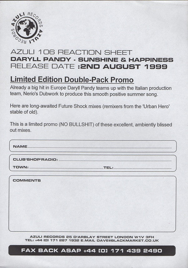 Darryl Pandy : Sunshine And Happiness (Futureshock Remixes!) (2x12", Ltd, Promo, W/Lbl)