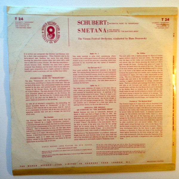Franz Schubert / Bedřich Smetana / Wiener Festspielorchester Conducted By Hans Swarowsky : Incidental Music To "Rosamunde" - The Moldau - Overture To "The Bartered Bride" (LP, Album, Mono, Club)
