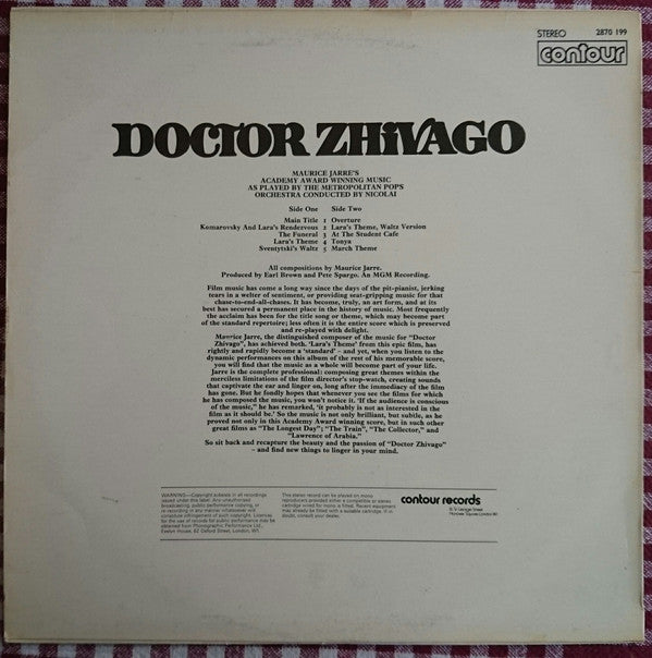 Maurice Jarre, The Metropolitan Pops Orchestra : Doctor Zhivago (LP, RE)