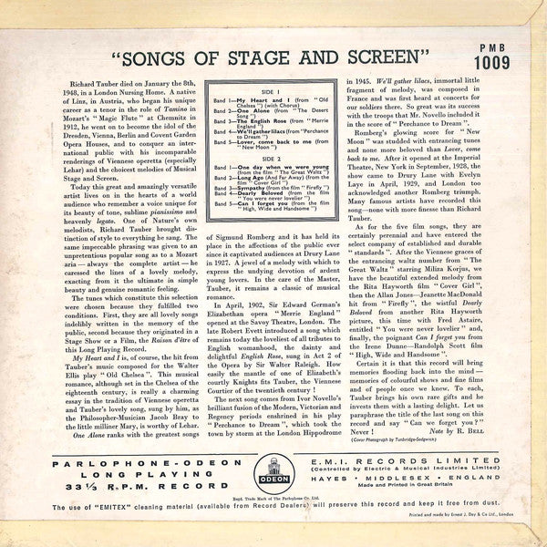 Richard Tauber : Songs Of Stage And Screen (10", Comp, Mono, RP)