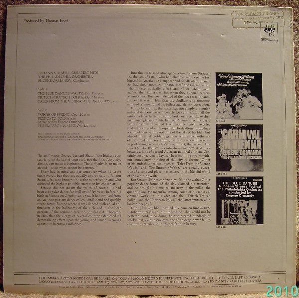 Johann Strauss Jr. - The Philadelphia Orchestra, Eugene Ormandy : Johann Strauss' Greatest Hits (LP, Comp)