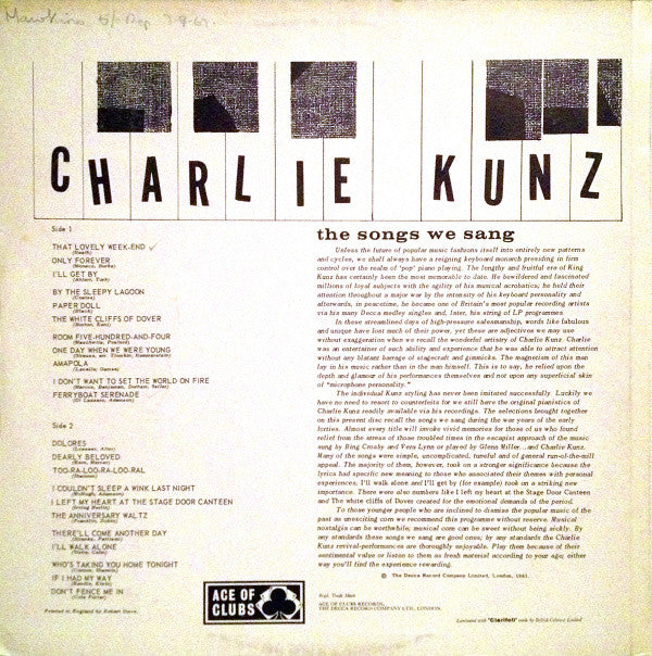 Charlie Kunz : The Songs We Sang (LP, Mono)