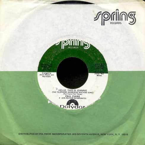 Paul Evans : Hello, This Is Joannie (The Telephone Answering Machine Song) (7", Single)