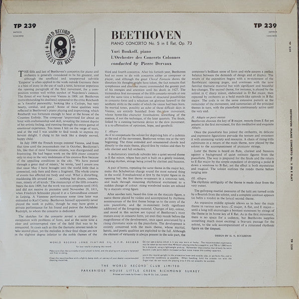 Ludwig Van Beethoven - Yuri Boukoff, L'Orchestre De L'Association Des Concerts Colonne Conducted By Pierre Dervaux (2) : Piano Concerto No. 5 In E Flat, Opus 73 "The Emperor" (LP, Album, Club)