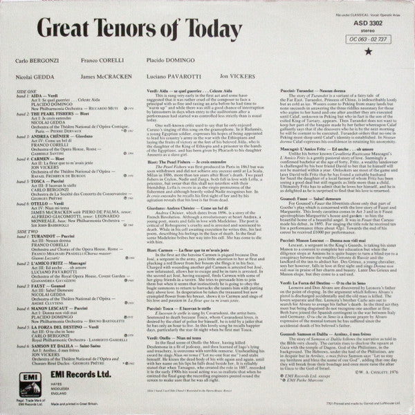 Carlo Bergonzi, Franco Corelli, Placido Domingo, Nicolai Gedda, James McCracken, Luciano Pavarotti, Jon Vickers : Great Tenors Of Today (LP, Comp)