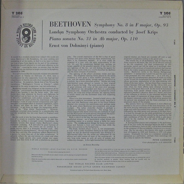 Ludwig van Beethoven - London Symphony Orchestra Conducted By Josef Krips : Symphony No. 8 (LP, Comp, Club)