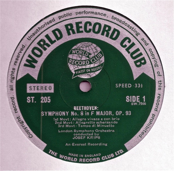Ludwig van Beethoven - London Symphony Orchestra Conducted By Josef Krips : Symphony No. 8 (LP, Comp, Club)