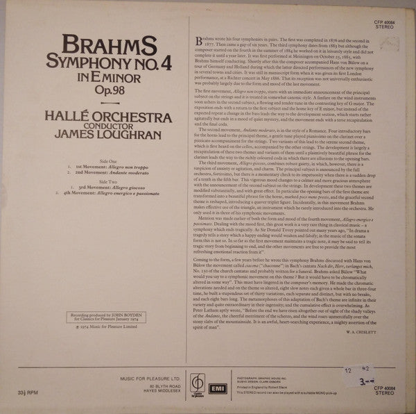 Johannes Brahms - Hallé Orchestra, James Loughran : Symphony No.4 In E Minor (LP)