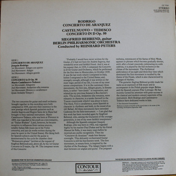 Joaquín Rodrigo, Mario Castelnuovo-Tedesco / Siegfried Behrend, Berliner Philharmoniker, Reinhard Peters : Concierto De Aranjuez · Concerto In D (LP)