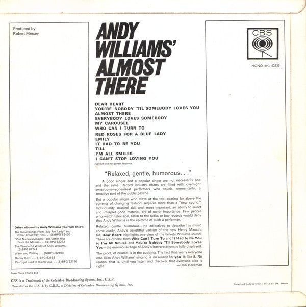 Andy Williams : Almost There (LP, Album, Mono)