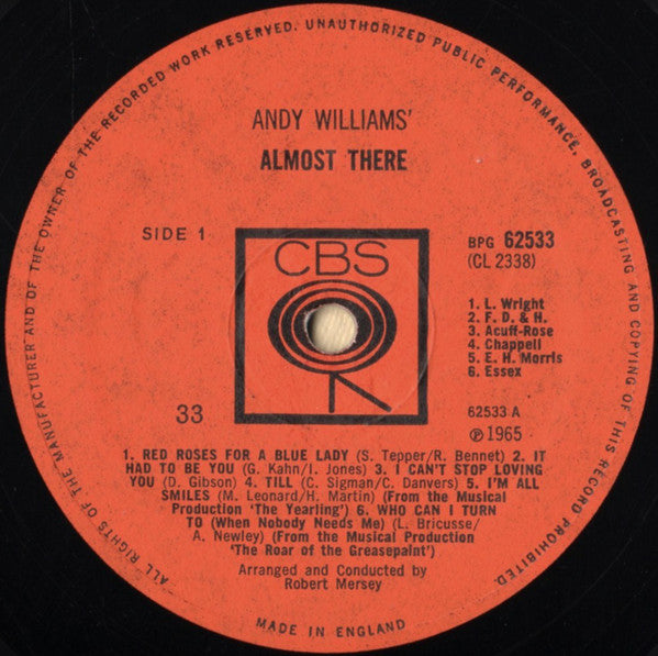 Andy Williams : Almost There (LP, Album, Mono)