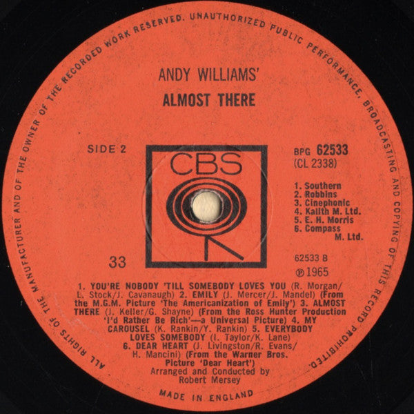 Andy Williams : Almost There (LP, Album, Mono)