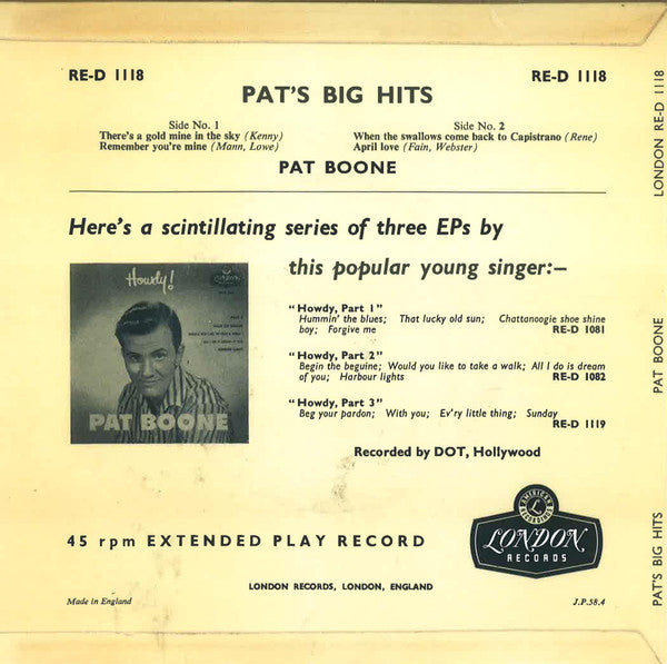 Pat Boone : Pat's Big Hits (7", EP)