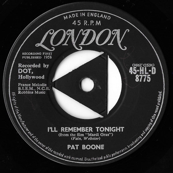 Pat Boone : I'll Remember Tonight (7", Single, Tri)