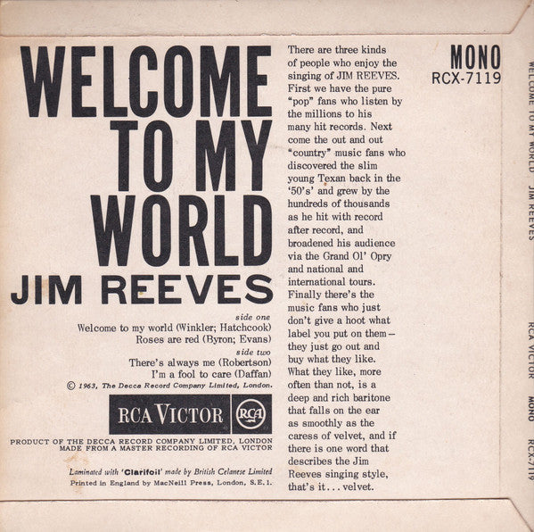 Jim Reeves : Welcome To My World (7", EP, Mono)