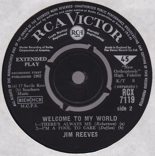 Jim Reeves : Welcome To My World (7", EP, Mono)