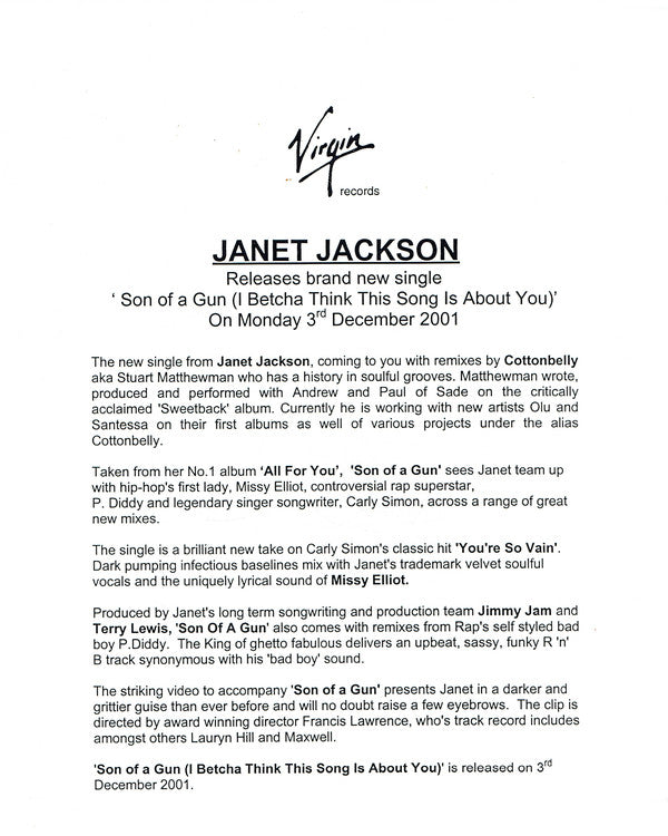Janet Jackson With Carly Simon : Son Of A Gun (I Betcha Think This Song Is About You) (12", Promo)