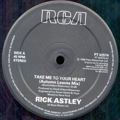 Rick Astley : Take Me To Your Heart (12", Single)