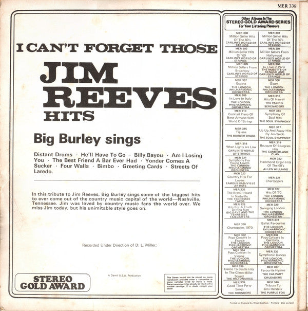 Big Burley : I Can't Forget Those Jim Reeves Hits (LP, Album)